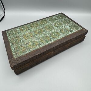 Vintage Unmarked Green Wood Hand Carved Jewelry Trinket Box 10.25" Long Boho